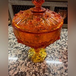 Amber Carnival Glass Covered Compote